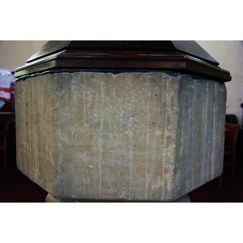Source caption: "Graffiti of a windmill on St.Andrew's 15th century font".