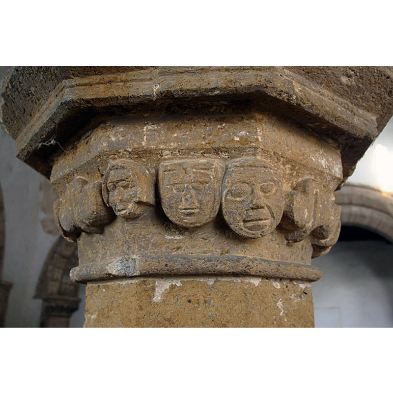 Source caption: "A splendid capital in the south arcade of All Saints' church, late 12th or early 13th century faces keeping an eye on Walesby parishioners for centuries"