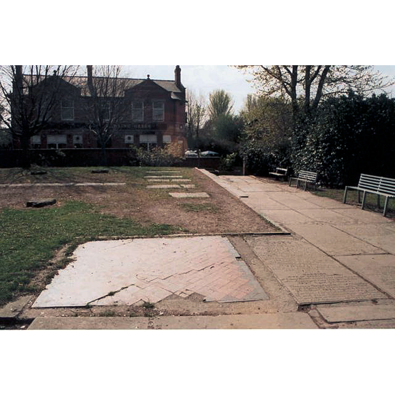 Source caption: "St. Clement's Churchyard, Chorlton Cum Hardy. There isn't anything left of St. Clements other than an arch leading into the old churchyard and the flat gravestones. At the end of the churchyard you can see the Bowling Green pub". [coordinates for the old church site: DMS: 	53° 26′ 16.8″ N, 2° 16′ 48″ W -- Decimal: 53.438, -2.28 -- UTM 	30U 547829 5921238]