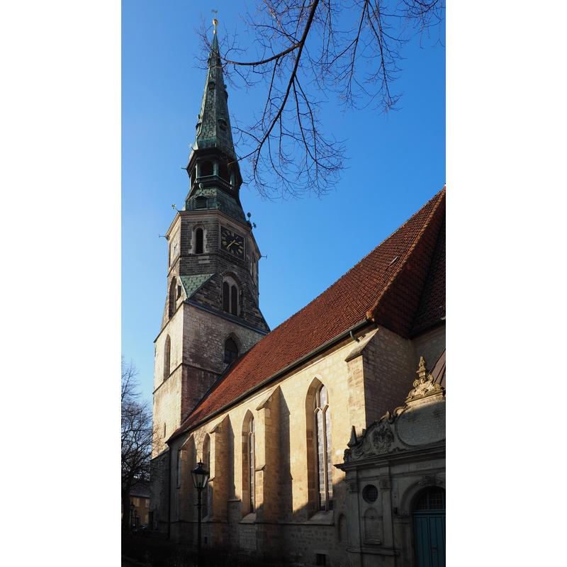 the church was destroyed by Allied bombings in WWII; re-built 1950s in a simplified version
