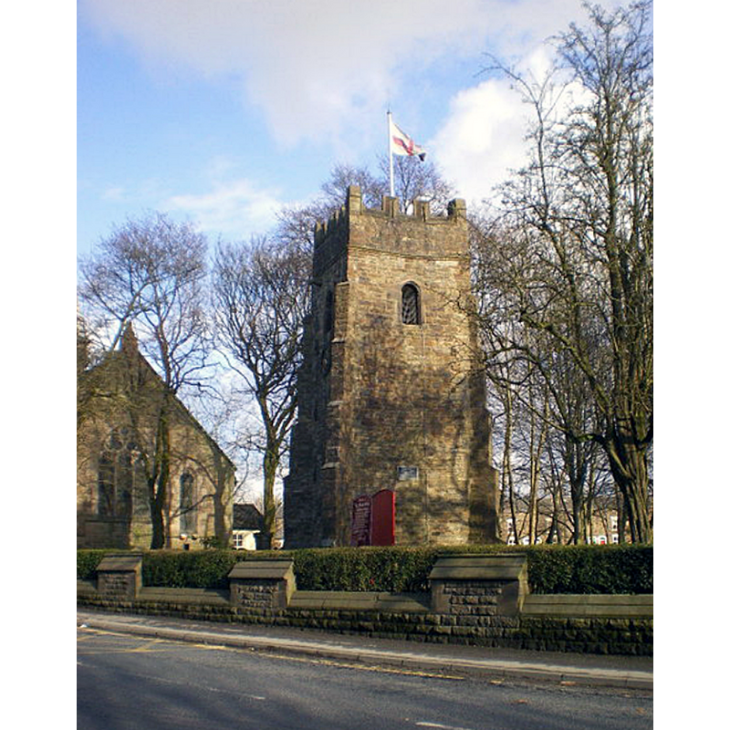 Source caption: "Bradshaw Chapel Tower. The 16th century tower is the only part remaining of a Chapel of Ease. It was restored in the 1980s" [NB: nothing remains of the original chapel of ease; the tower is from a mid-17th re-building]