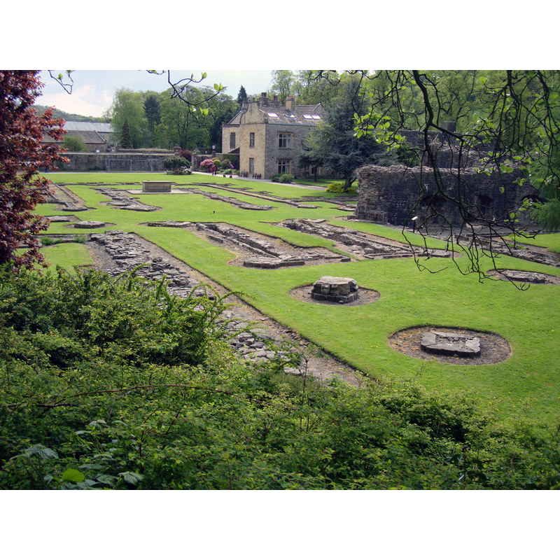 the ruins of the former abbey church; the ground remains show the east section of the original nave, the choir, the chancel and the east end
