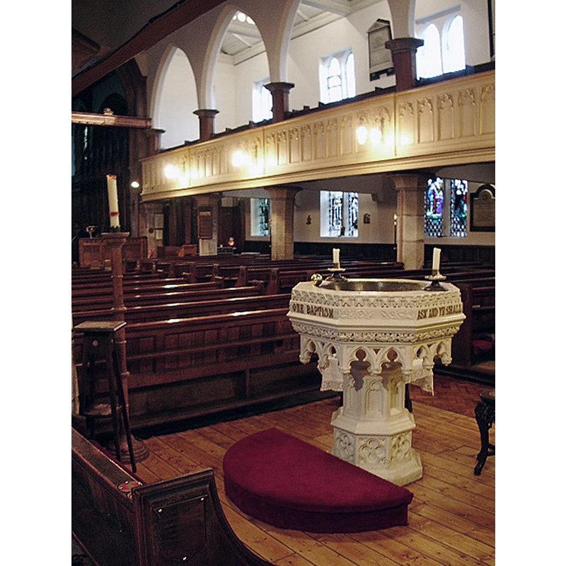 the modern font in the 19thC re-building of a late-medieval chapel