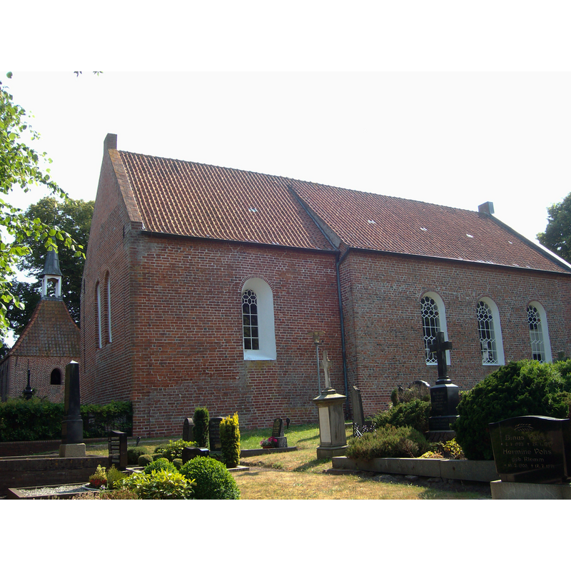 detached 18thC bell-cote on the left of the image, behind the main body of the church