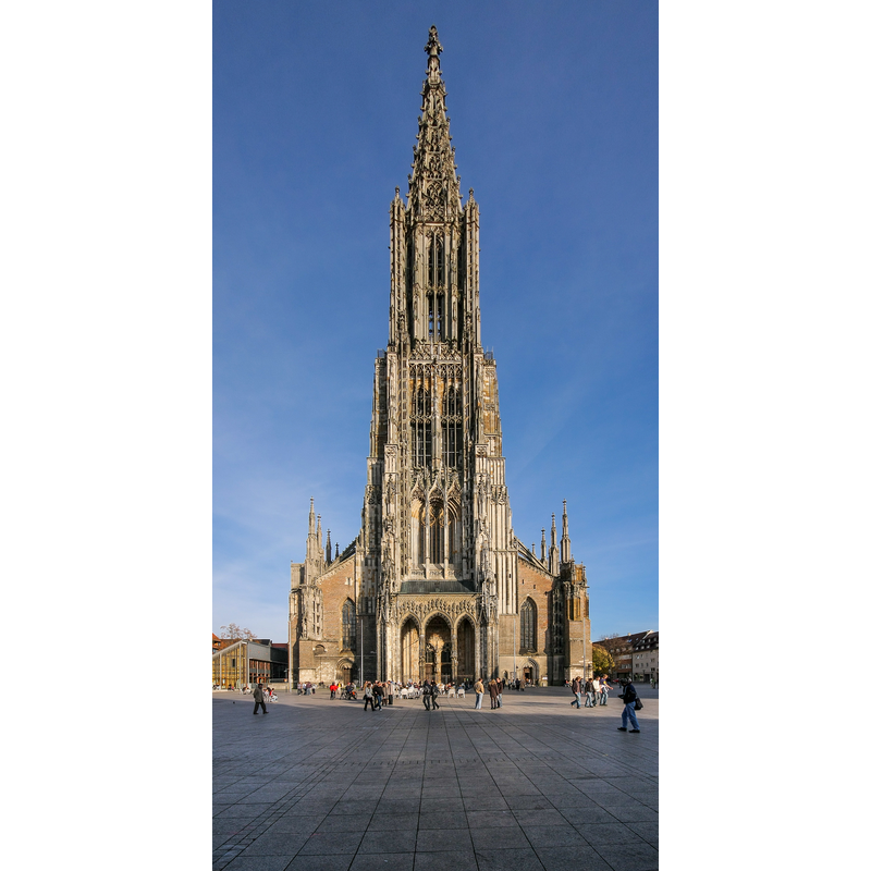 Source caption: "Ulmer Münster, Westfassade und Turm vom Münsterplatz aus".