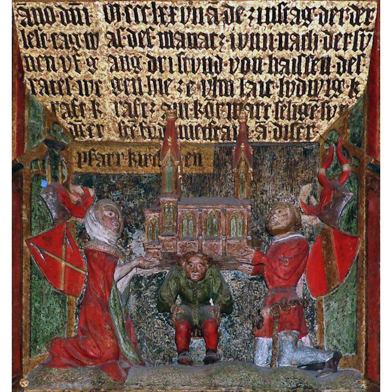 Source caption: "The Lutheran cathedral "Ulm Münster" of Ulm/Germany, relief of the laying of the foundation stone", 1357