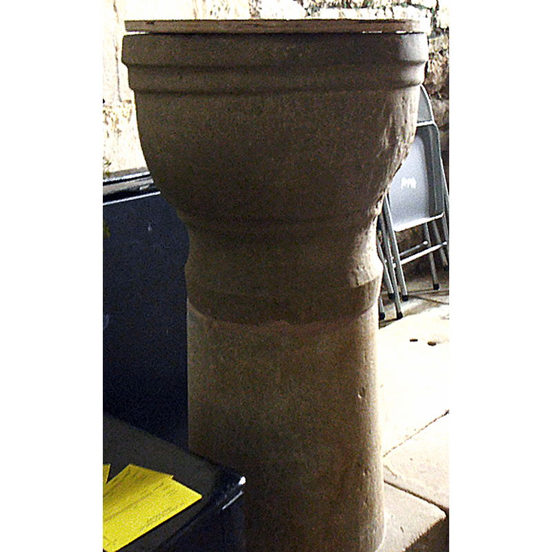 FONT NE SIDE digital photograph taken 5 July 2017 by Stephen Craven [www.geograph.org.uk/photo/5481052] [accessed 2 April 2019] Source caption: "St John the Evangelist, Gressingham: font. The font is a fairly plain one whose age is hard to determine, but it appears to have been sat on a column of a different type of stone."