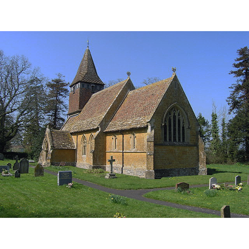 Source caption: "Hornblotton, Somerset. The rather difficult to find church of St Peter is a fabulous building by Sir T.G.Jackson of 1872. It replaces a medieval church of which some much ruined featureless walls stand just to the left of the tree on the far left of this picture."