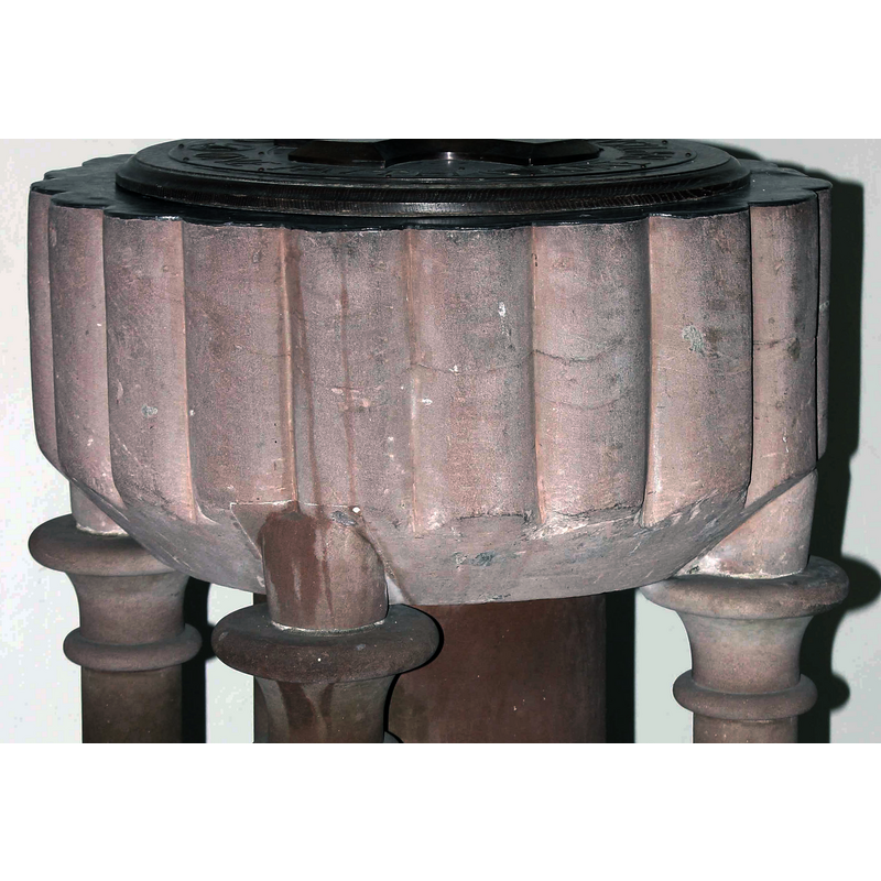 According to the Lancashire Churches web site: "A 20-scalloped font bowl is thought to date from the C12 (though the base is modern)", the date ca. 1180 when "Michael le Fleming's son Daniel is recorded as the first rector of Aldingham" [source: www.lancashirechurches.co.uk/aldingham.htm [accessed 12 April 2019] [cf. FontNotes]