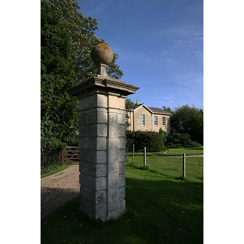 Source caption: "Stainfield Hall. This solitary gatepier is all that remains of the grand 16th century house built by Sir Robert Tyrwhit, the current house was built in 1856." [NB: Trywhit had received the grounds of the old priory at the Dissolution from Henry VIII, where he built Stainfield Hall]