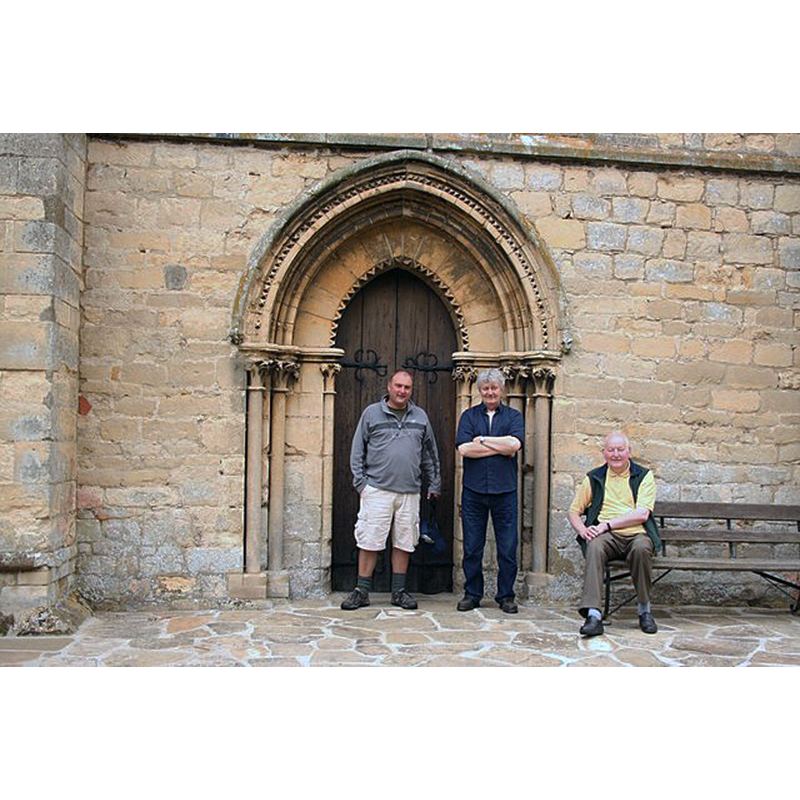 Source caption: "Three Wise Men? Geographers Richard Croft https://www.geograph.org.uk/profile/1904 , Dave Hitchborne https://www.geograph.org.uk/profile/4330 and David Wright https://www.geograph.org.uk/profile/1782 by the west door of St.Leonard's Chapel at Kirkstead".