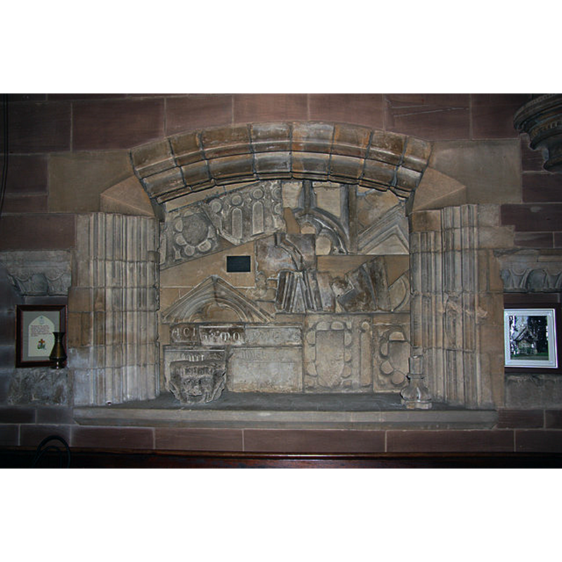 Source caption: "Revesby Abbey remains. Fragments of re-set masonry in the tower of St.Lawrence's church, from the site of Revesby Abbey, founded 1142, dissolved 1539".