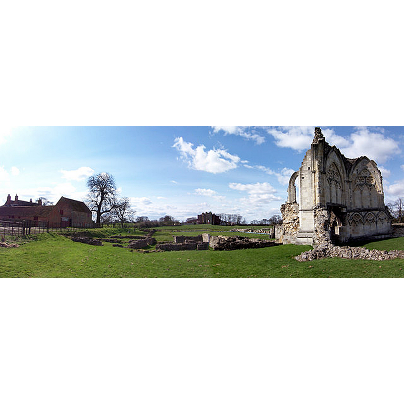 Source caption: "Thornton Abbey. Abbot's Lodge farmhouse on the left, gatehouse in centre and Abbey ruins to the right."