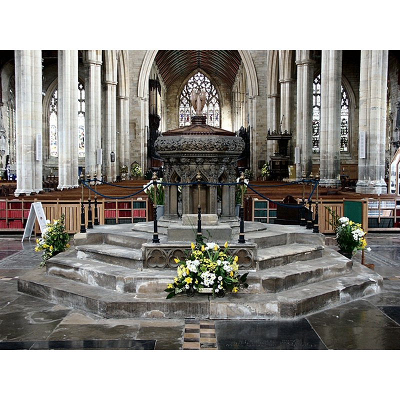 Described in Pevsner, Harris and Antram (1989): "Font. Elaborately Victorian Dec[orated]. By E. W. Pugin, and given by Beresford Hope in 1853."