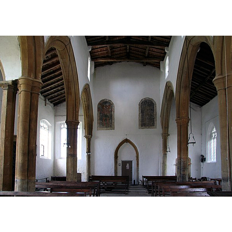 Source caption: "Inside All Saints' church looking west towards the partially blocked 15th century tower arch and two late medieval wall paintings of Time and Death".