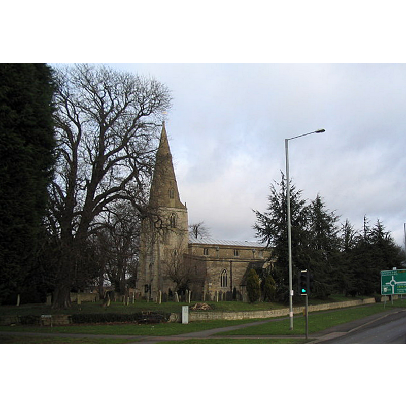 Source caption: "Church of Saint John the Baptist, 'Old' Corby. Centre of the village of Corby until the 1930s, when it became a steel boom-town".
