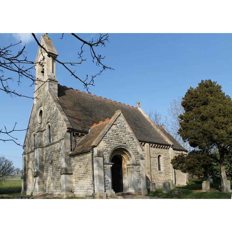 Source caption: "St Lucia's church, Dembleby. An old church was demolished and rebuilt [on a new site] in 1867 by Kirk of Sleaford in a Norman revival style".