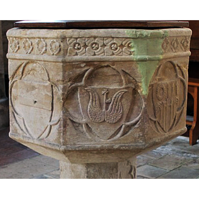 "a shield bearing a cross plain between four crescents, another bearing a saltire, another a cinquefoil, another a bend charged with a quatrefoil, and another a bar" [cf. Font notes] -- one of the shields seen here on the left