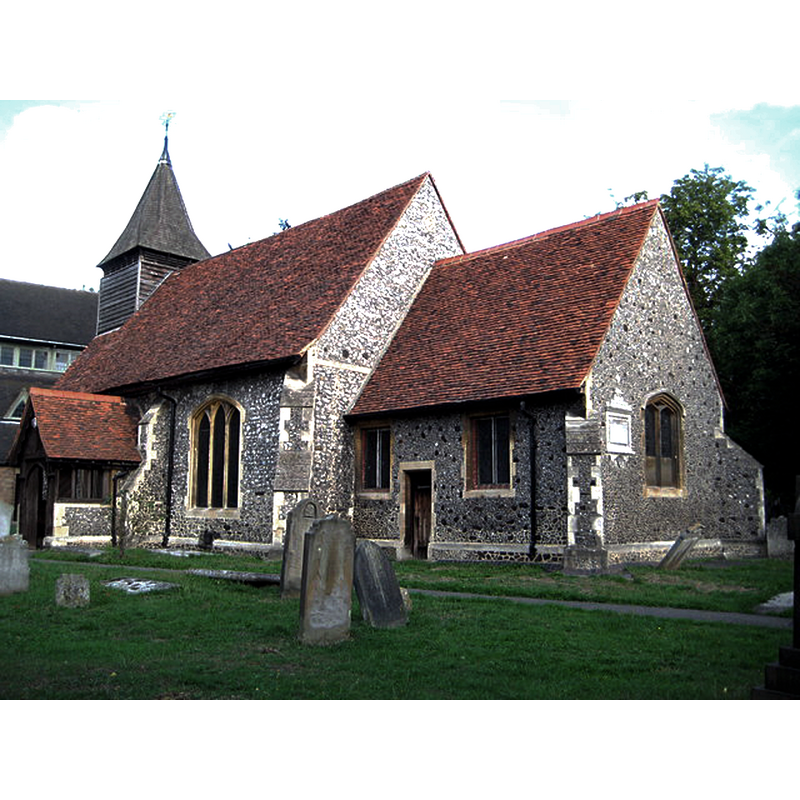 Source caption: "Greenford: Church of the Holy Cross [...] This is the Old Church, parts of the fabric of which, being the nave, the porch and the timbers which support the tower at the west end, date from the 15th century, but these may well represent the rebuilding of an earlier structure rather than a completely new building. A 14th century piscina discovered in the 1930s in the wall of the chancel tends to support this interpretation."