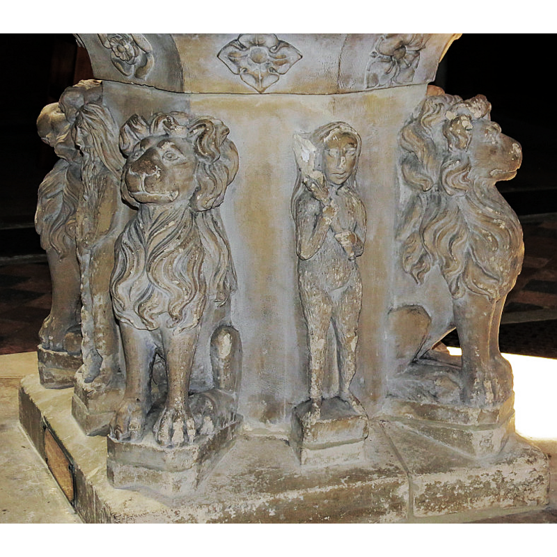 the font is of the East Anglian type, with woodwooses and lions on the base sides -- is it a copy of an existing font? [information request sent to the parish 10 June 2019]