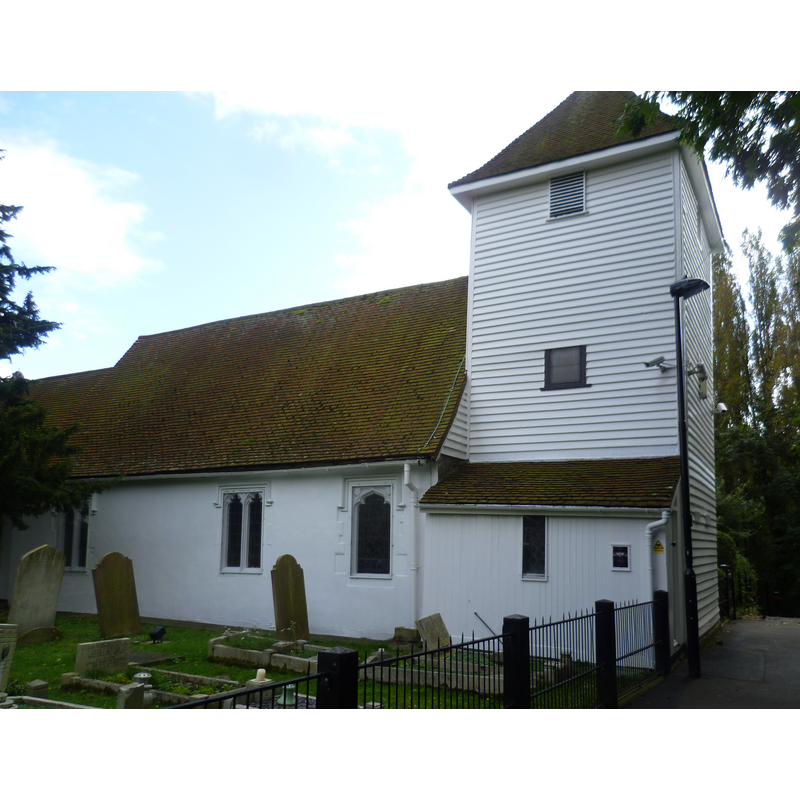 Source caption: "St Mary's Church, Perivale [...]  It has a weatherboarded west tower dating from the 16th century, and the body of the church is 13th century with a 15th century roof to the nave. [...] St Mary's became redundant in 1972, but has now been transformed by the Friends of St Mary's Perivale into a music venue with regular concerts".