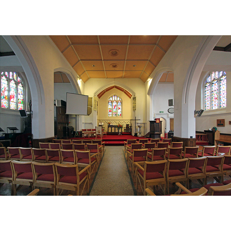 the 18thC font is visible at the far [east] end, on the right [south] side, next to the pulpit
