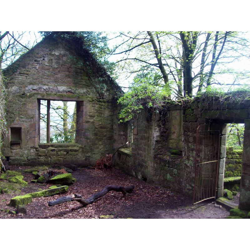 Source caption: "Interior of the Derelict Holy Trinity Chapel. From this photo it's hard to imagine that centuries ago, a scattered but vibrant congregation would have regularly gathered at this isolated spot overlooking the Amber valley. The chapel dates from around 1500 but it had already fallen into disuse when it was superseded by the Victorian church in Brackenfield in 1856. This picture shows the main east-facing window staring out across the valley, two south-facing windows (one blocked) and the remains of a porch complete with seating which can be seen behind the iron gate. Note also the piscina in the wall to the left of the east window."