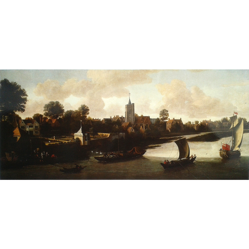 Source caption: "Painting Corney House in Chiswick from the River by Jacob Knyff, 1675-80" -- St Nicholas' Church is in the centre of the image.