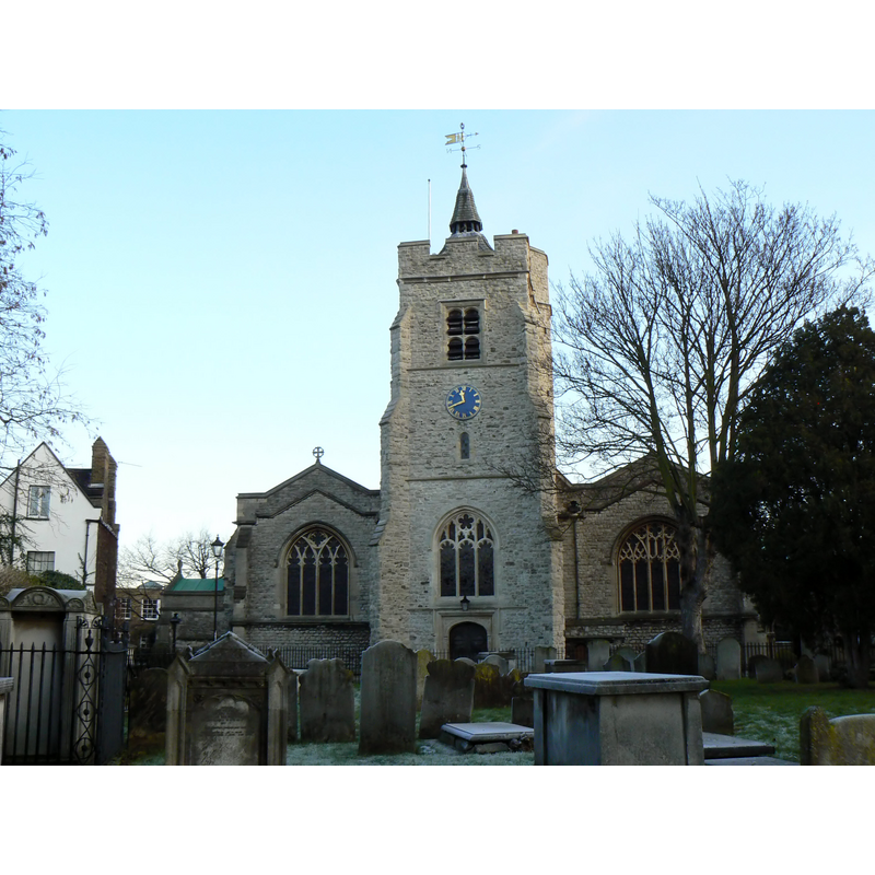 Source caption: "St Nicholas, Chiswick Parish Church, London W4, seen from Chiswick (Old) Churchyard. The tower is 15th century, the remainder being rebuilt between 1882 and 1884."