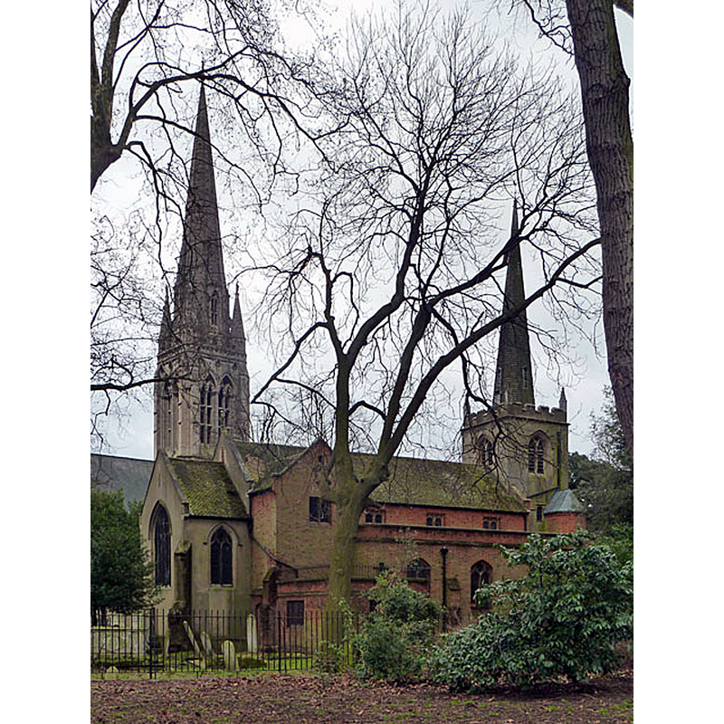 Source caption: "Two churches, Stoke Newington. Nearer is the old St Mary's, and towering over it is the new St Mary's."