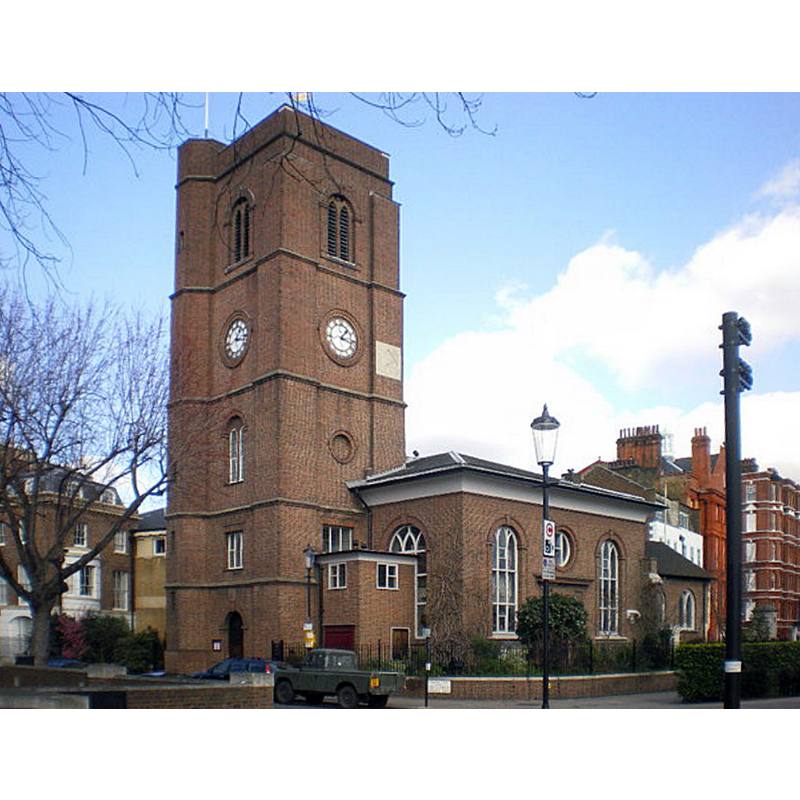 Source caption: "Chelsea Old Church, Cheyne Walk. Restored (albeit in red brick) and re-consecrated (1958) after severe blitz damage in 1941."