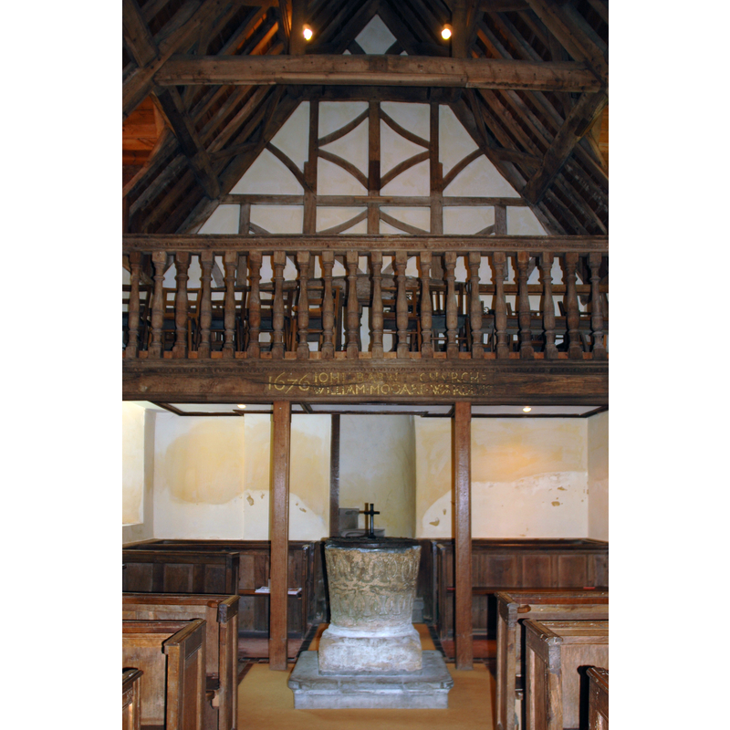 Source caption: "St Helen, Berrick Salome, Oxfordshire: part of west end, including font and part of west gallery"