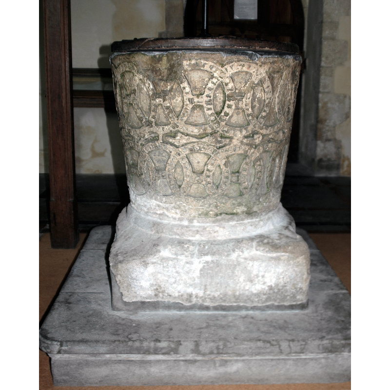 Source caption: "St Helen, Berrick Salome, Oxfordshire: Norman baptismal font"