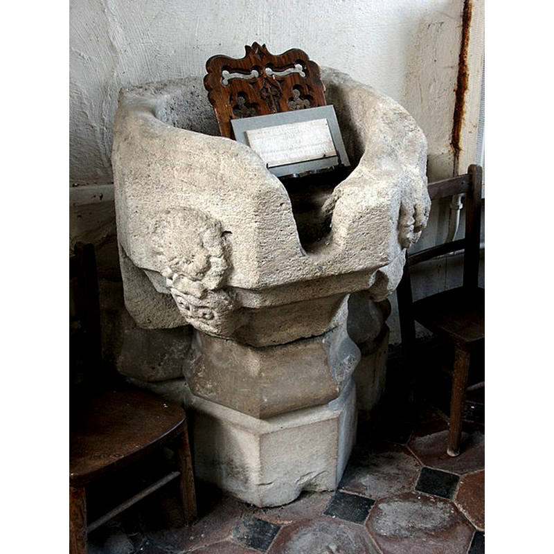 Source caption: "Interior of St Andrew, Halton Holegate. Old font." But it is identified in Pevsner, Harris and Antram (New Haven: Yale UP, 2002) p. 360 as "a capital with two grotesque heads"