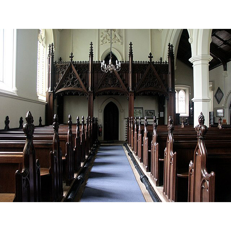 Source caption: "Interior of St Michael and All Angels, Hackthorn. The woodwork dates back to that of the church - 1850."