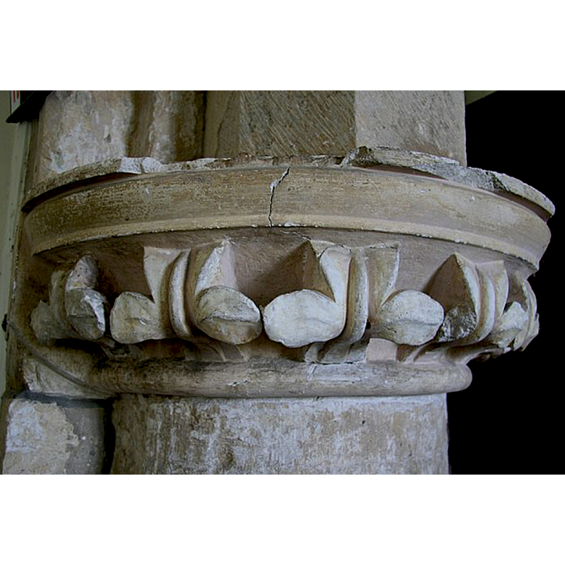 Source caption: "An early form of stiff leaf capital in the late 12th century chancel arch of St.Michael's church".