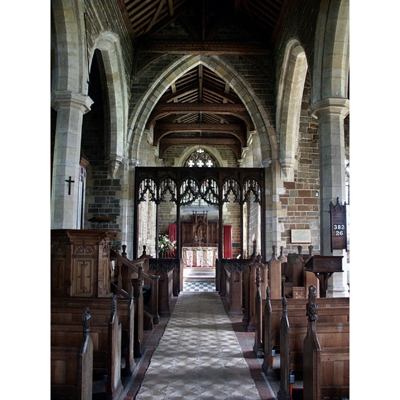Source caption: "Interior of St Nicholas, East Kirkby. Looking from the nave, through the 15th-century screen, to the chancel."