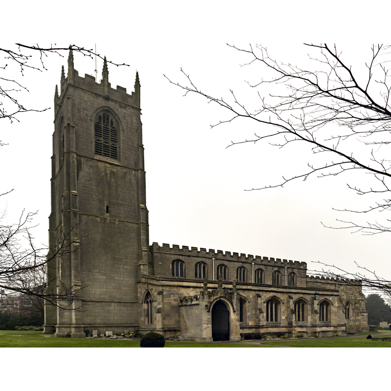 Source caption: "The church dates from the twelfth century onwards, having a Norman four bay north arcade with round piers, scalloped capitals and square abaci. There is a western tower, nave with north and south aisles and clerestory, a transeptal chapel, now a vestry, three bay chancel with north chapel, and north and south porches. The tower is perpendicular with four stages and an embattled parapet with eight crocketted pinnacles. There are six bells, and a carillon which plays three hymn tunes. The nave has a four bay north aisle, a five bay south aisle, and clerestory with three light windows. Most of the glass in the church is clear. The nave has a low pitched roof with bosses. There is a fifteenth century octagonal font with trefoil panels. In the north chapel, there is a fifteenth century effigy of a priest near the wall. The chancel has a four light east window with prayer boards either side, and blind arcading with textured tiles. The east end of the chancel and chapel were rebuilt in the mid eighteenth century, and again in the mid nineteenth century. There were also restorations from 1895 to 1903 by Prothero."