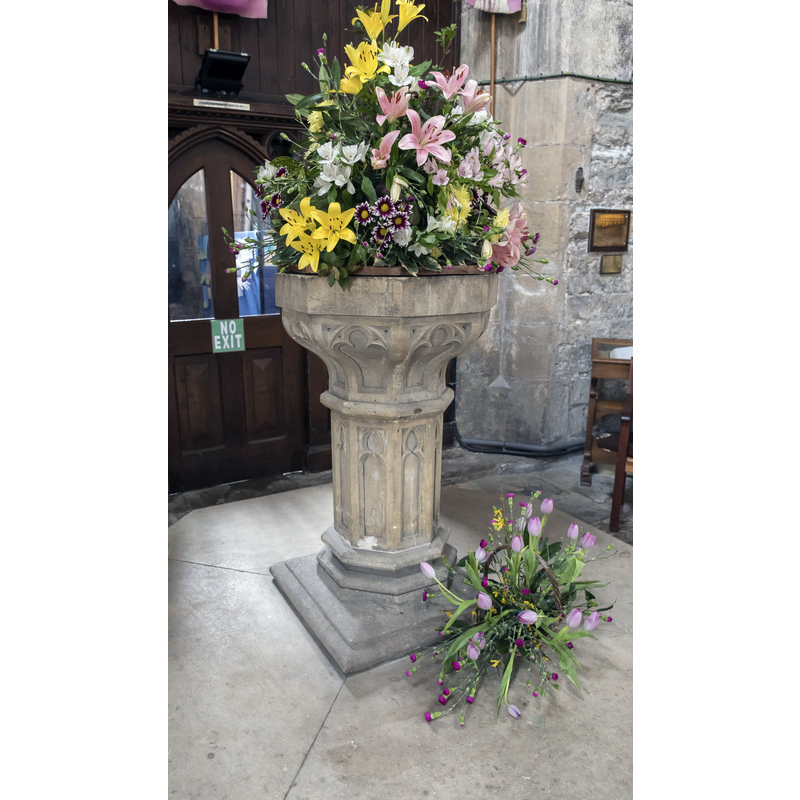 Source caption: "St Nicholas' church, Haxey. Fifteenth century octagonal font with trefoil panels".