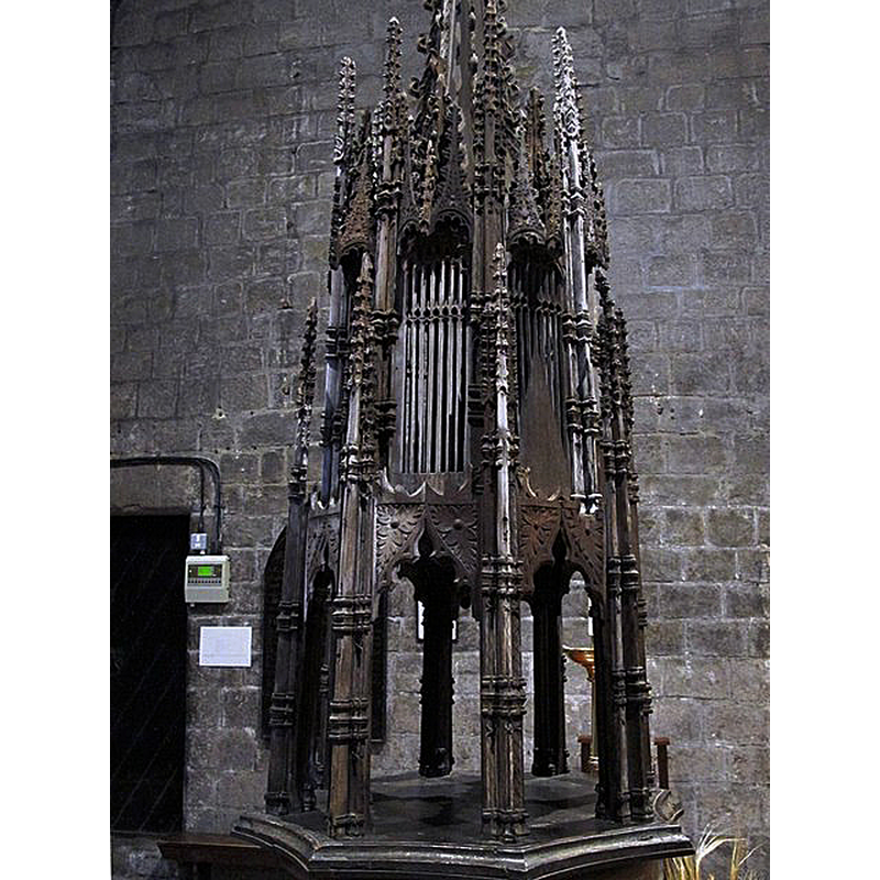 Source caption: "The font cover is mediaeval, of about 1500 AD. It would originally have been painted in bright colours. It survived the destruction of the original stone font by the invading Scots in the 1640s by being hidden in a vault in the churchyard. There is a similar mediaeval font cover in the Cathedral Church of St. Nicholas"