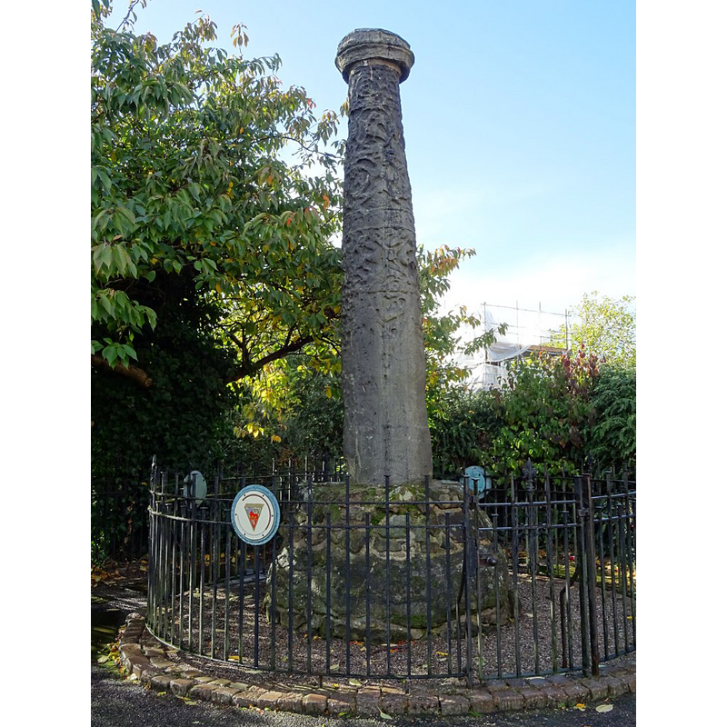 Source caption: "This cross shaft near St Peter's church is thought to be Anglo-Saxon and dating from the 9th century. It may originally be Roman and have come from Viriconium near Wroxeter in Shropshire." 
FONT+COVER B&W digital photograph taken in 2001, in The History of Wolverhampton: the City and its People [www.wolverhamptonhistory.org.uk/assets/userfiles/wolverhampton_history/religious_faiths/001388.jpg] [accessed 19 July 2019] @ Wolverhampton City Council, 2005  NO PERMIT
FONT BASE DETAIL digital photograph taken by Bob Speel [www.speel.me.uk/sculptplaces/wolverhamptonstpeter.htm] [accessed 19 July 2019]