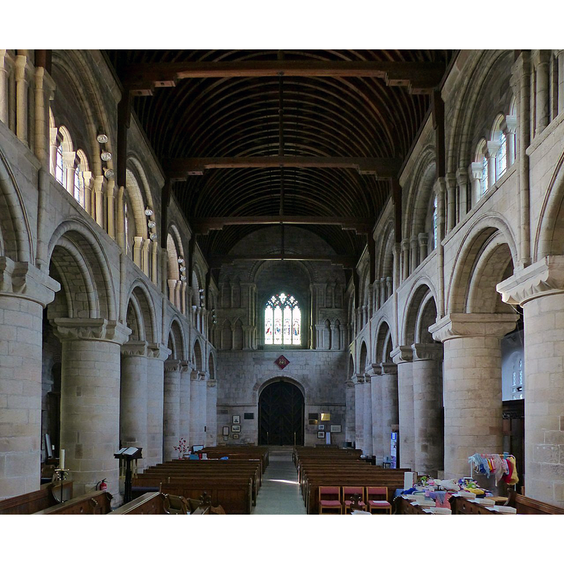 Source caption: "The nave looking west. The timber roof was created by Street as part of the 1867 restoration."