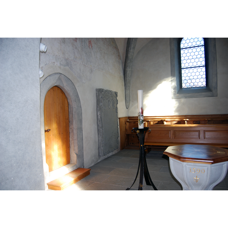 the late 16thC font in the context of the original chancel -- the doorway on the left would be opening into the sacristy