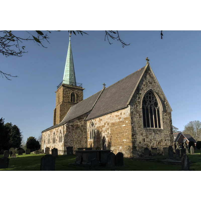 Source caption: "The church dates from the thirteenth century onwards with restorations and partial rebuilding in the nineteenth century. The church is built in ironstone and ashlar,(which is very weathered on the tower), as well as limestone and a slate roof. There is a western tower, four bay nave with north and south aisles, chancel, and vestry. The tower is of three stages and dates from the thirteenth century. At the top there are parapet railings and a hexagonal copper-covered spire which was added in 1838."