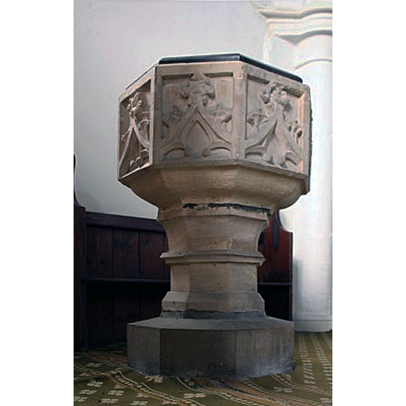 Source caption: "St.Benedict's font. Octagonal with concave crocketed gable carvings"