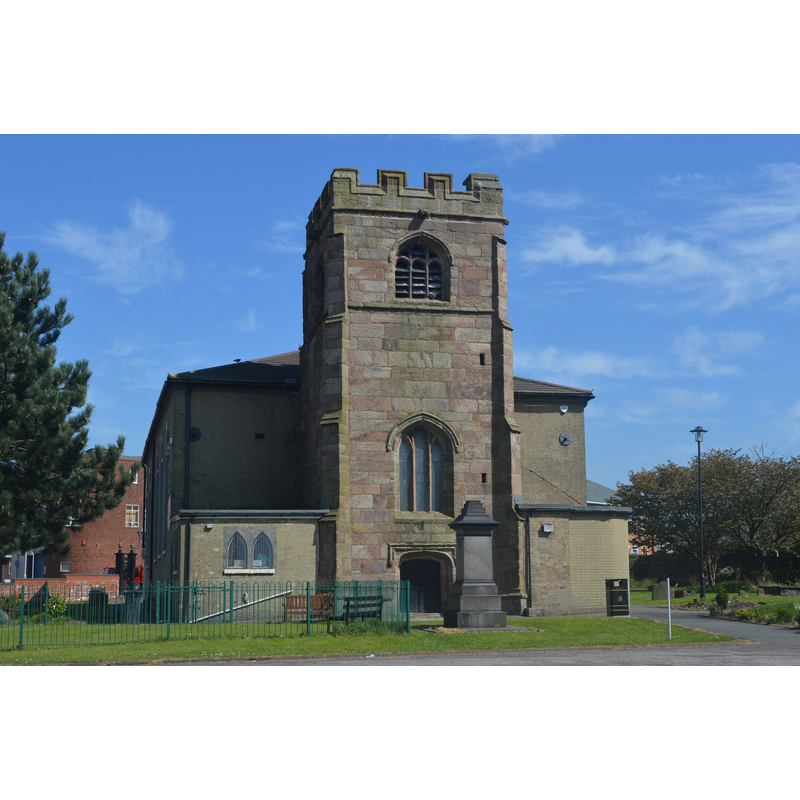 Source caption: "St John's Church, Burslem. The church tower dates from 1536 though the remainder was rebuilt in 1717. Josiah Wedgwood was baptised in the church in 1730 and served his apprenticeship in the adjacent Churchyard Pottery Works established by his great grandfather in 1656."