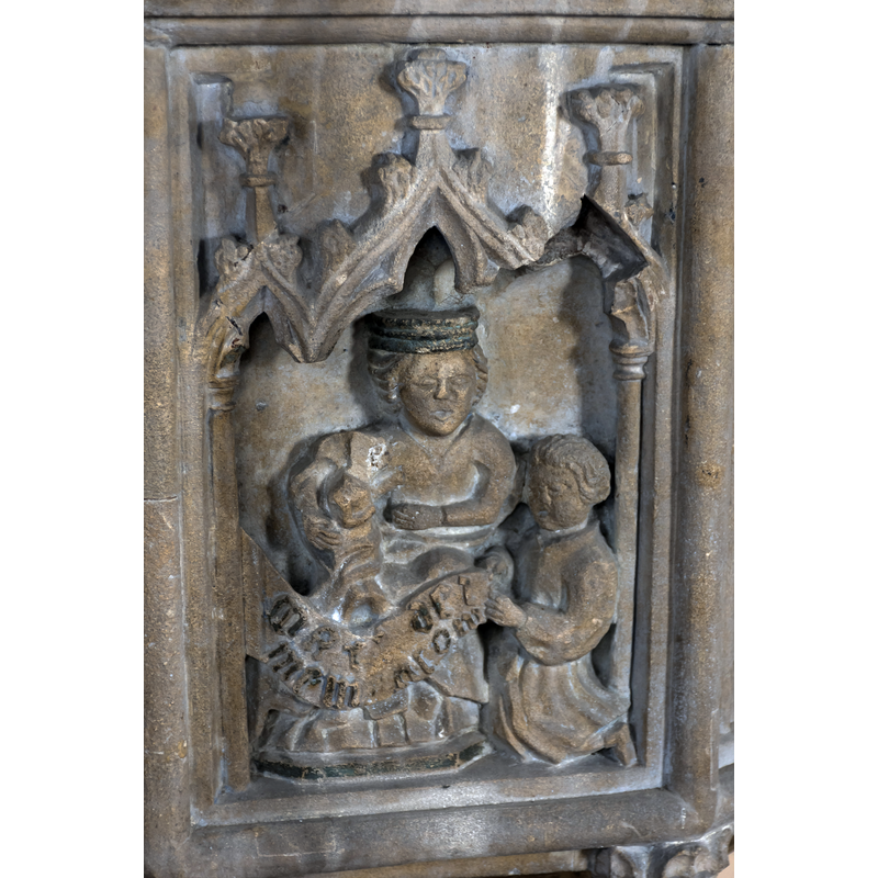 Source caption: "Gedney, St Mary Magdalene church, Font detail. It seems to depict the nativity with a donor. The base is dated 1664 but the bowl is earlier, or Victorian with this panel, according to Pevsner."
