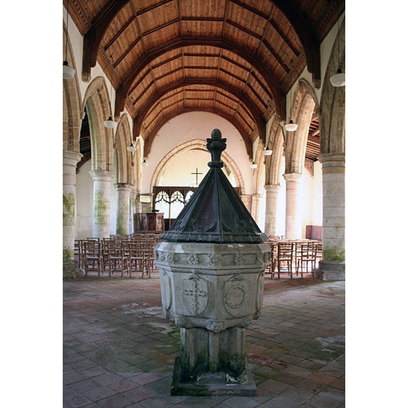 Source caption: "A spacious 13th century early English nave and 15th century Decorated font"