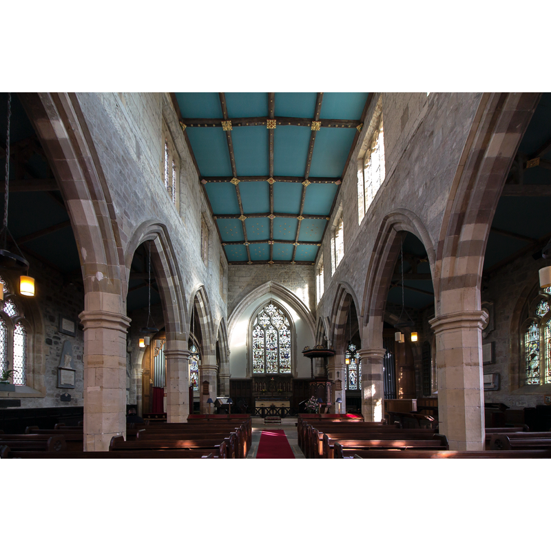 Source caption: "The church consists of a nave of three bays with north and south aisles, chancel (former crossing) with north and south chapels which were once transepts, the original chancel being removed, a south vestry and western tower with octagonal lantern."