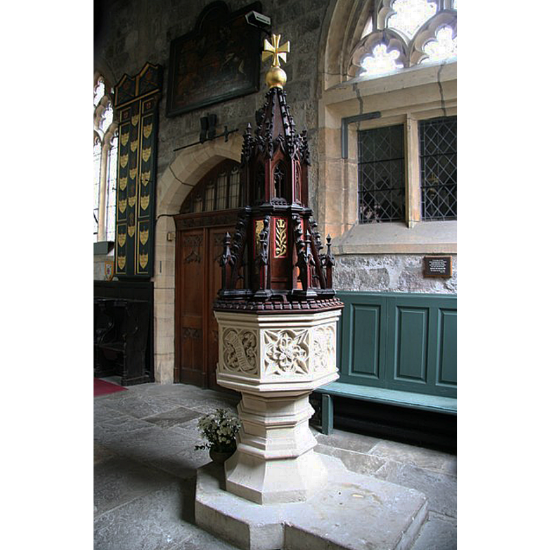Source caption: "All Saints Pavement, font. Victorian font with cover in memory of churchwarden T.M.Lambert"